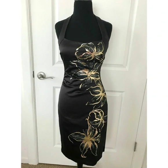 Cache | Dresses | Cache Black And Gold Foil Floral Midi Dress Size 4 |  Poshmark
